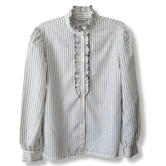 VTG 80s Ruffle High Neck White Black Pinstripe Blouse Shirt L Victorian Vampire - Picture 1 of 9